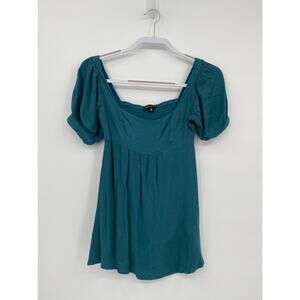 Kendall + Kylie Scoop Neck Short Puff Sleeve Teal Top Size XS